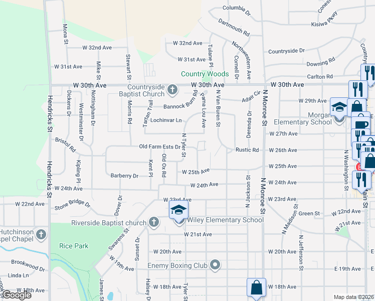 map of restaurants, bars, coffee shops, grocery stores, and more near 815A Old Farm Estates Road in Hutchinson