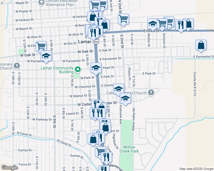 map of restaurants, bars, coffee shops, grocery stores, and more near 200 East Chestnut Street in Lamar