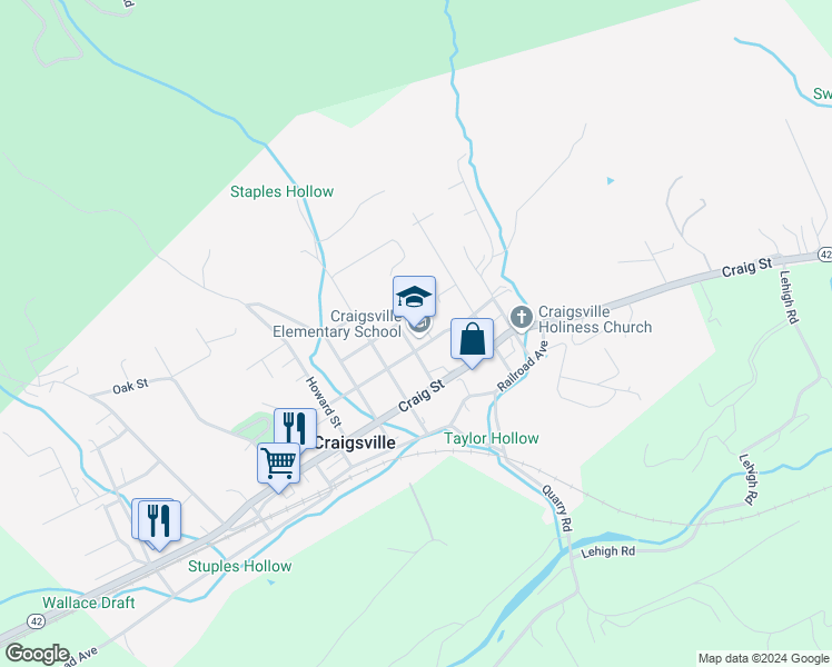 map of restaurants, bars, coffee shops, grocery stores, and more near 100 East 1st Street in Craigsville