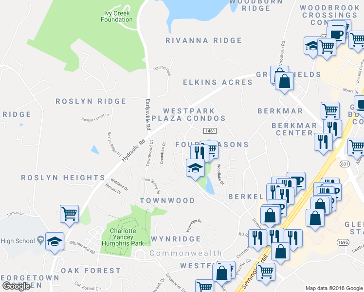 map of restaurants, bars, coffee shops, grocery stores, and more near 4 Spring Court in Charlottesville
