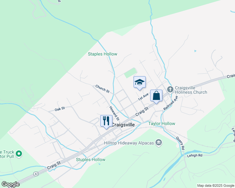 map of restaurants, bars, coffee shops, grocery stores, and more near 109 Church Street in Craigsville