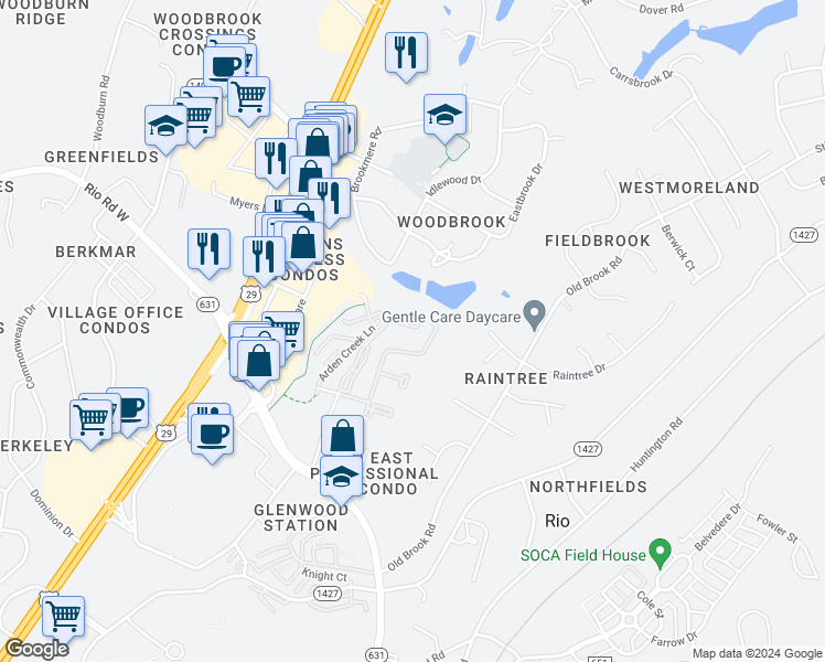map of restaurants, bars, coffee shops, grocery stores, and more near 1649 Rio Hill Drive in Charlottesville