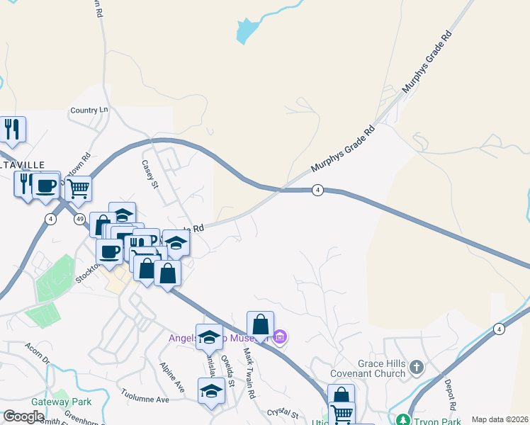 map of restaurants, bars, coffee shops, grocery stores, and more near 668 Murphys Grade Rd in Angels Camp