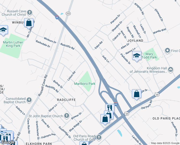 map of restaurants, bars, coffee shops, grocery stores, and more near 335 Radcliffe Road in Lexington