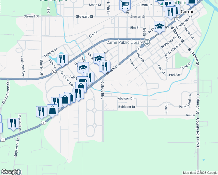 map of restaurants, bars, coffee shops, grocery stores, and more near 113 Greenbriar in Carmi