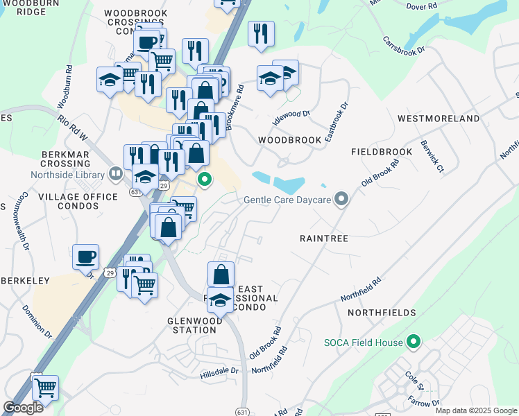 map of restaurants, bars, coffee shops, grocery stores, and more near 1645 Rio Hill Drive in Charlottesville