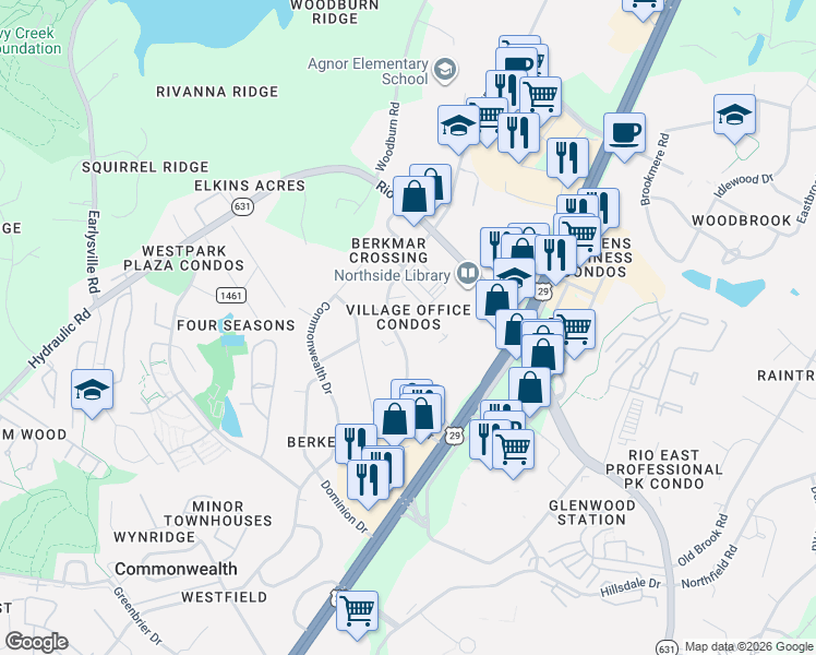 map of restaurants, bars, coffee shops, grocery stores, and more near 3040 Berkmar Dr in Charlottesville