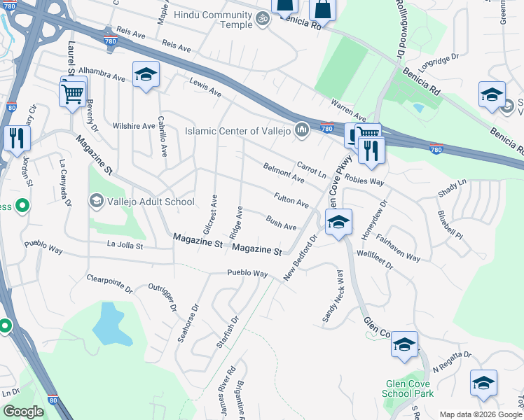map of restaurants, bars, coffee shops, grocery stores, and more near 1146 Bush Avenue in Vallejo