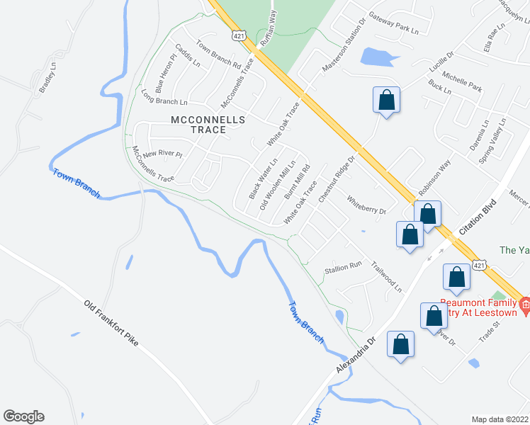 map of restaurants, bars, coffee shops, grocery stores, and more near 244 Old Woolen Mill Lane in Lexington