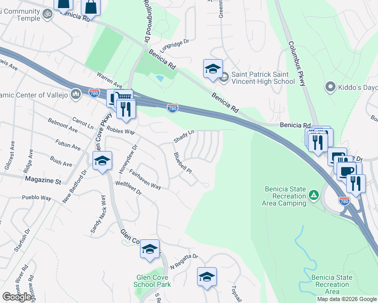 map of restaurants, bars, coffee shops, grocery stores, and more near 110 Dogwood Lane in Vallejo