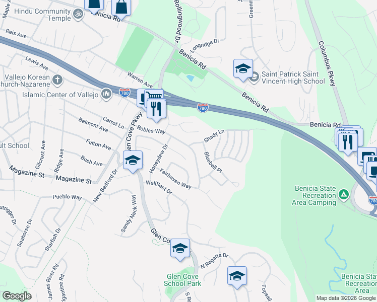 map of restaurants, bars, coffee shops, grocery stores, and more near 140 Valley Oak Lane in Vallejo