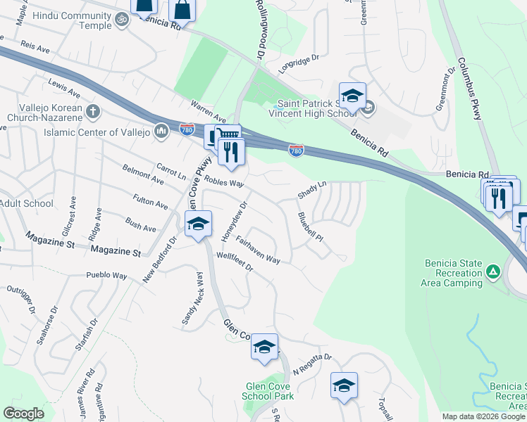 map of restaurants, bars, coffee shops, grocery stores, and more near 140 Valley Oak Lane in Vallejo