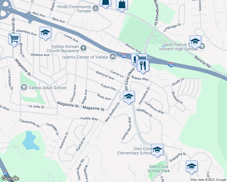 map of restaurants, bars, coffee shops, grocery stores, and more near 1267 Fulton Avenue in Vallejo