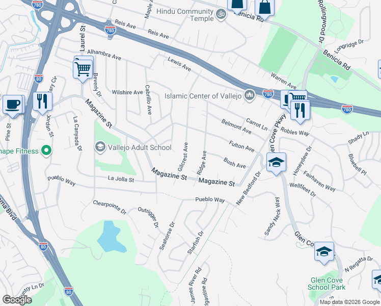 map of restaurants, bars, coffee shops, grocery stores, and more near 449 Gilcrest Avenue in Vallejo