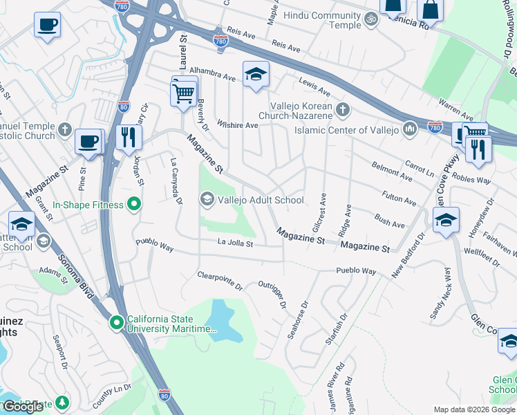 map of restaurants, bars, coffee shops, grocery stores, and more near 121 Luna Drive in Vallejo