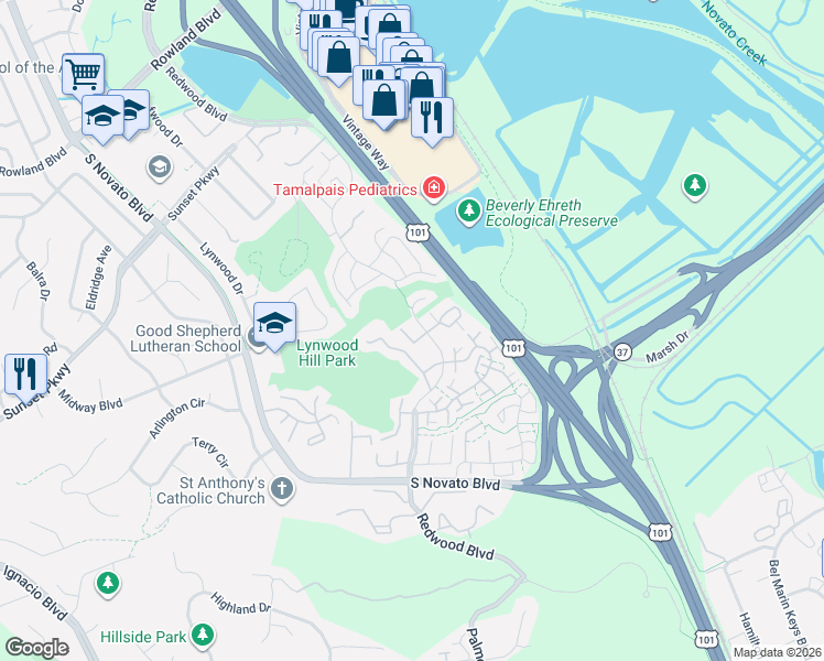 map of restaurants, bars, coffee shops, grocery stores, and more near 100 Albion Court in Novato