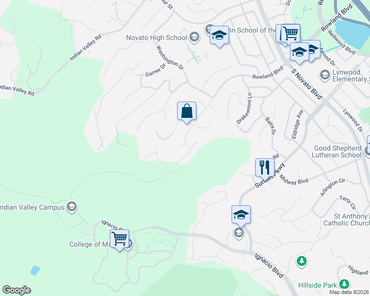 map of restaurants, bars, coffee shops, grocery stores, and more near 764 Rowland Boulevard in Novato