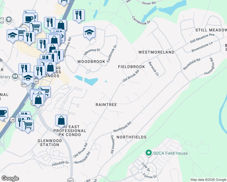 map of restaurants, bars, coffee shops, grocery stores, and more near 1658 Old Brook Road in Charlottesville