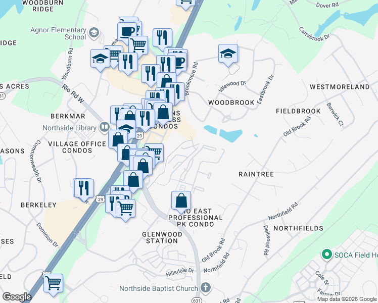 map of restaurants, bars, coffee shops, grocery stores, and more near 2010 Arden Creek Court in Charlottesville