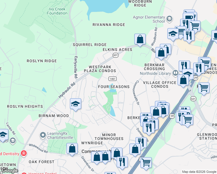 map of restaurants, bars, coffee shops, grocery stores, and more near 293 Tennis Drive in Charlottesville