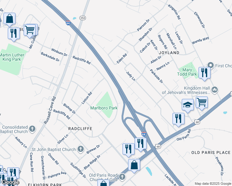 map of restaurants, bars, coffee shops, grocery stores, and more near 348 Radcliffe Road in Lexington
