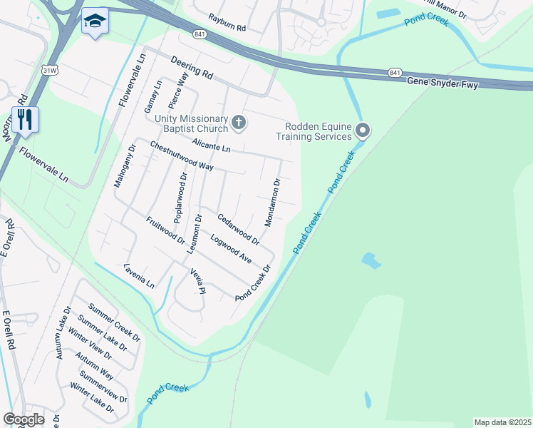 map of restaurants, bars, coffee shops, grocery stores, and more near 11804 Mondamon Drive in Louisville