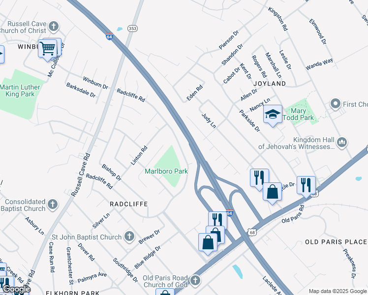 map of restaurants, bars, coffee shops, grocery stores, and more near 335 Radcliffe Road in Lexington
