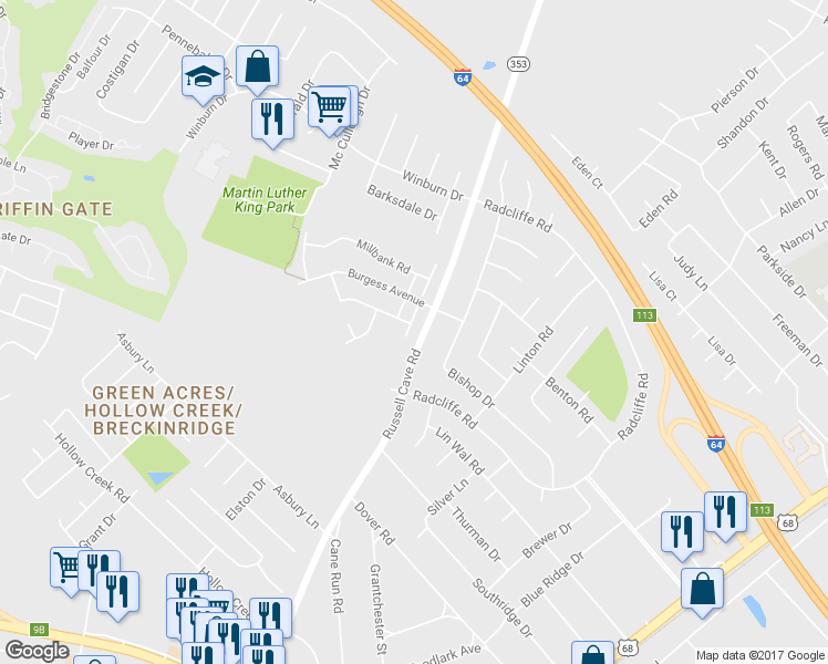 map of restaurants, bars, coffee shops, grocery stores, and more near 1773 Russell Cave Road in Lexington