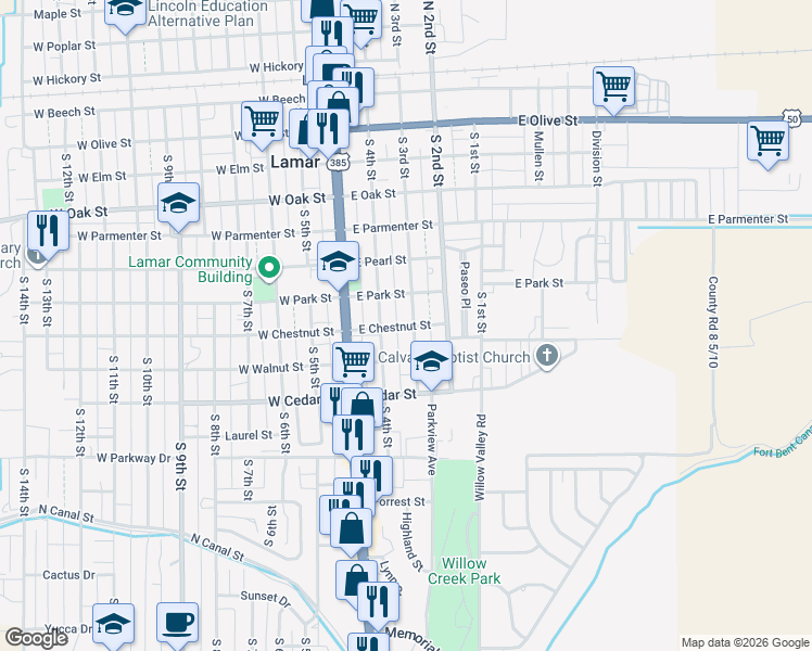 map of restaurants, bars, coffee shops, grocery stores, and more near 200-298 East Chestnut Street in Lamar