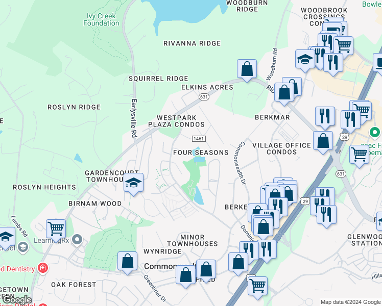 map of restaurants, bars, coffee shops, grocery stores, and more near 293 Tennis Drive in Charlottesville