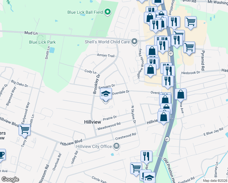 map of restaurants, bars, coffee shops, grocery stores, and more near 526 Overdale Drive in Louisville