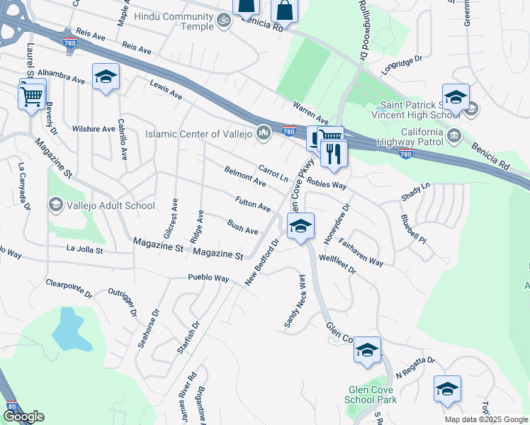 map of restaurants, bars, coffee shops, grocery stores, and more near 1259 Fulton Avenue in Vallejo