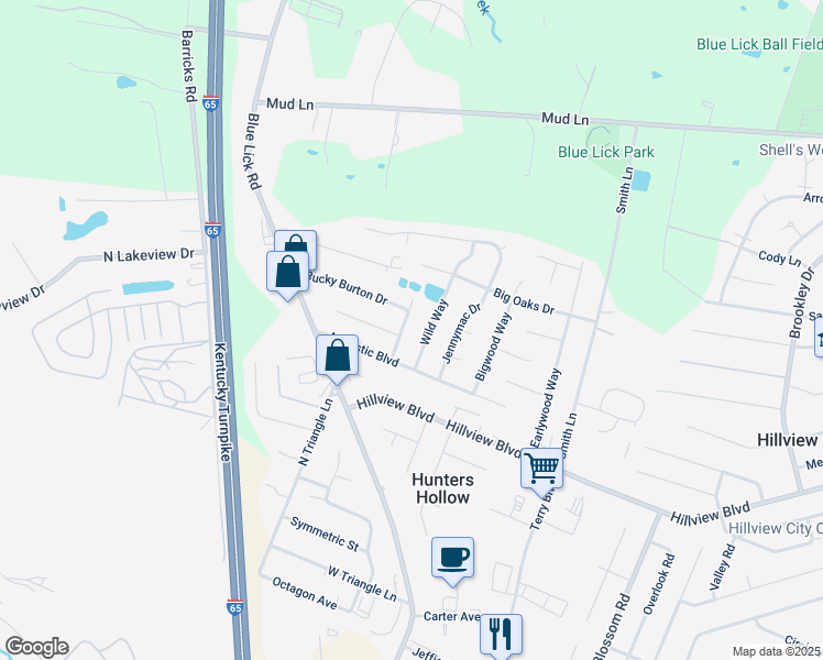 map of restaurants, bars, coffee shops, grocery stores, and more near 160 Wooded Way in Louisville