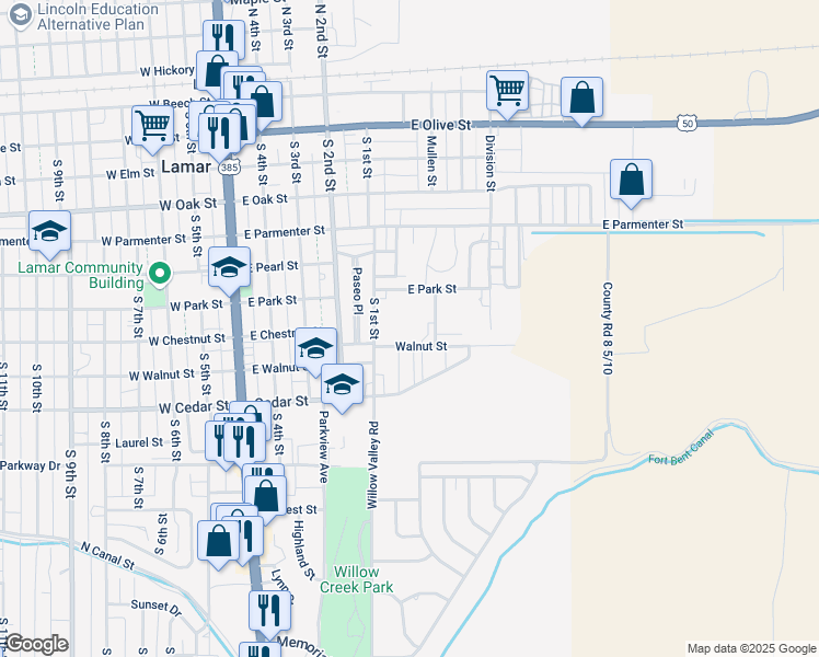 map of restaurants, bars, coffee shops, grocery stores, and more near 708 Mullen Street in Lamar