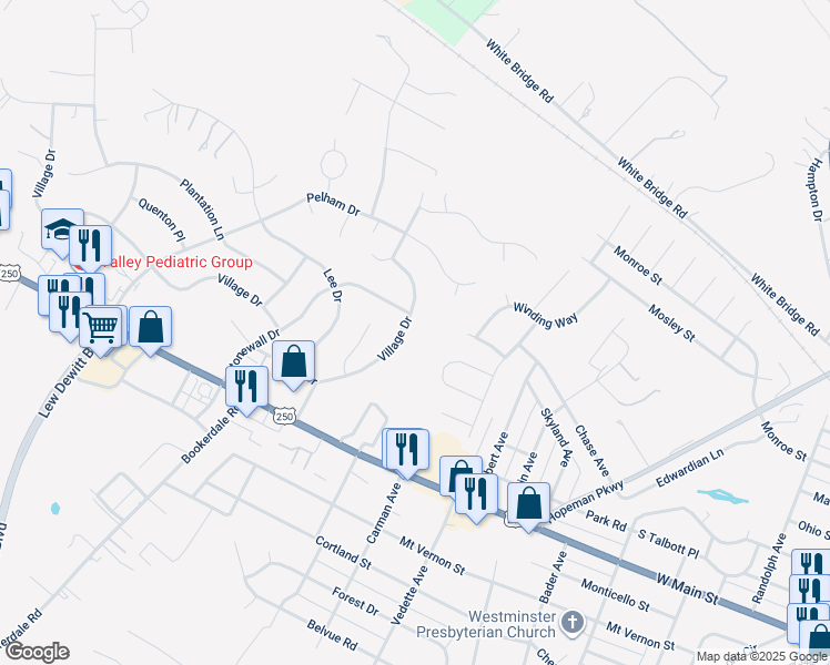 map of restaurants, bars, coffee shops, grocery stores, and more near 2554 Village Drive in Waynesboro