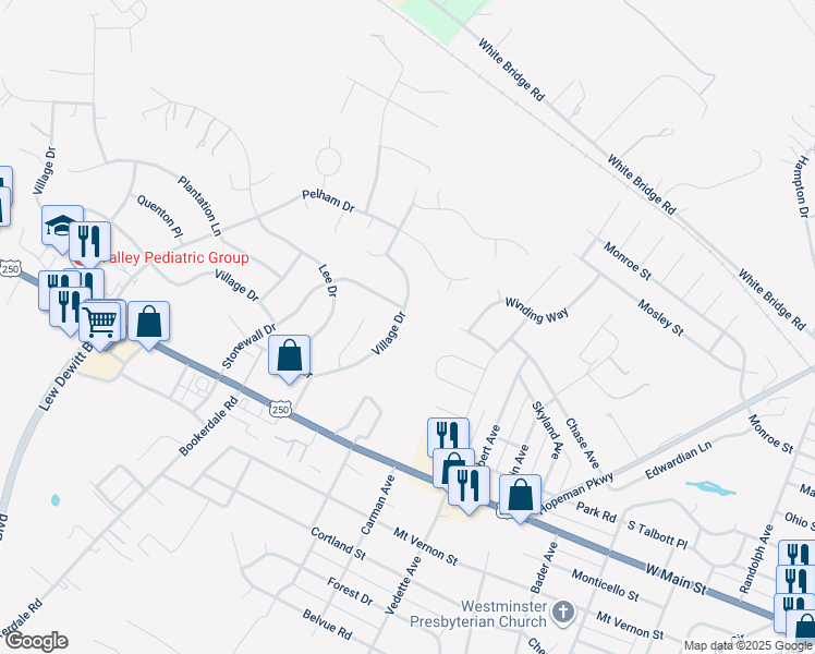 map of restaurants, bars, coffee shops, grocery stores, and more near 2554 Village Drive in Waynesboro