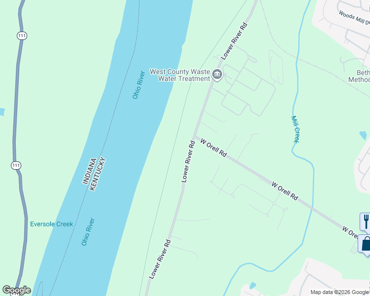 map of restaurants, bars, coffee shops, grocery stores, and more near 11910 Lower River Road in Louisville