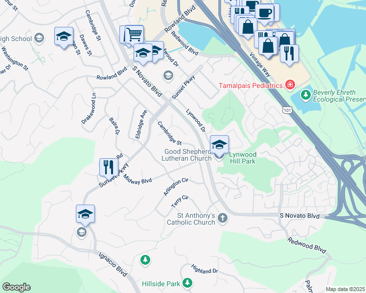 map of restaurants, bars, coffee shops, grocery stores, and more near 1227 Ridgeview Court in Novato