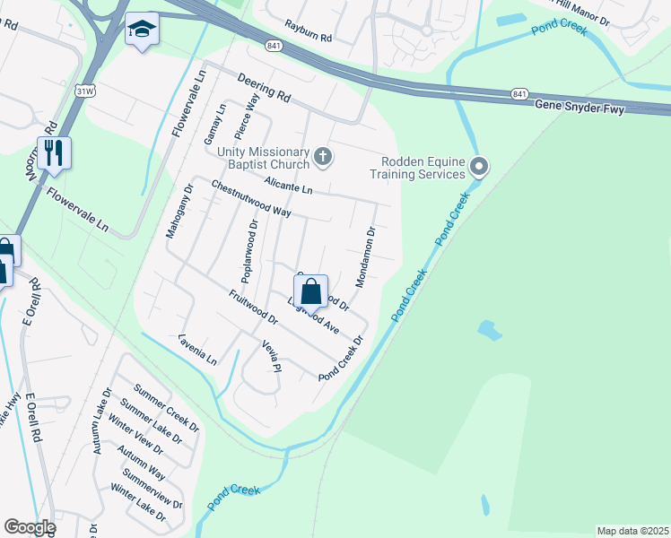 map of restaurants, bars, coffee shops, grocery stores, and more near 11704 Brackenberry Court in Louisville