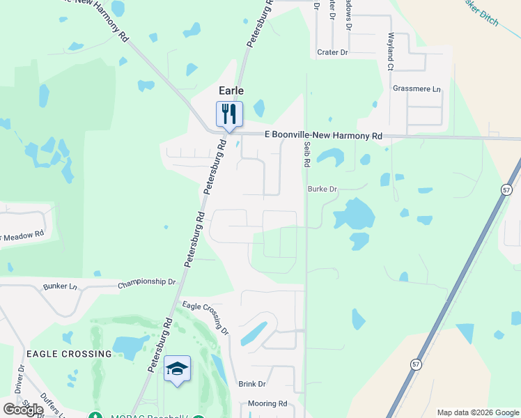 map of restaurants, bars, coffee shops, grocery stores, and more near 11547 Sawmill Drive in Evansville