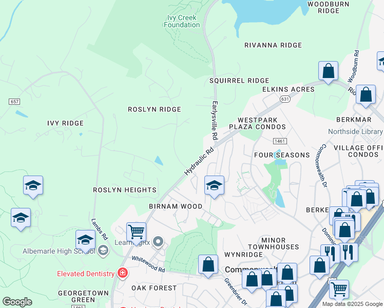 map of restaurants, bars, coffee shops, grocery stores, and more near 1685 Roslyn Ridge Road in Charlottesville