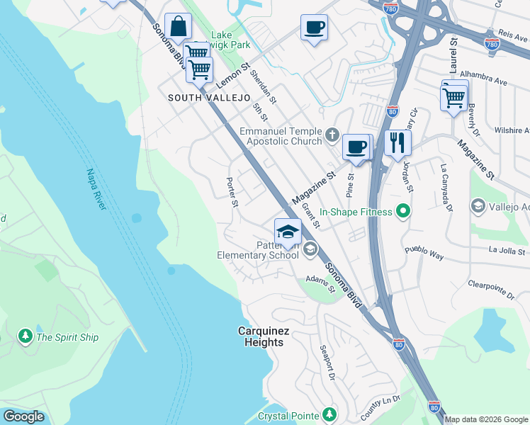 map of restaurants, bars, coffee shops, grocery stores, and more near in Vallejo