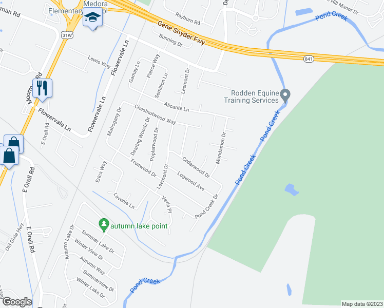 map of restaurants, bars, coffee shops, grocery stores, and more near 11714 Wiltonwood Court in Louisville