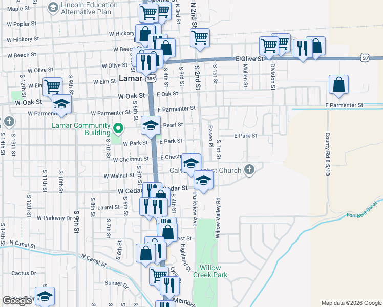 map of restaurants, bars, coffee shops, grocery stores, and more near 300-398 East Chestnut Street in Lamar