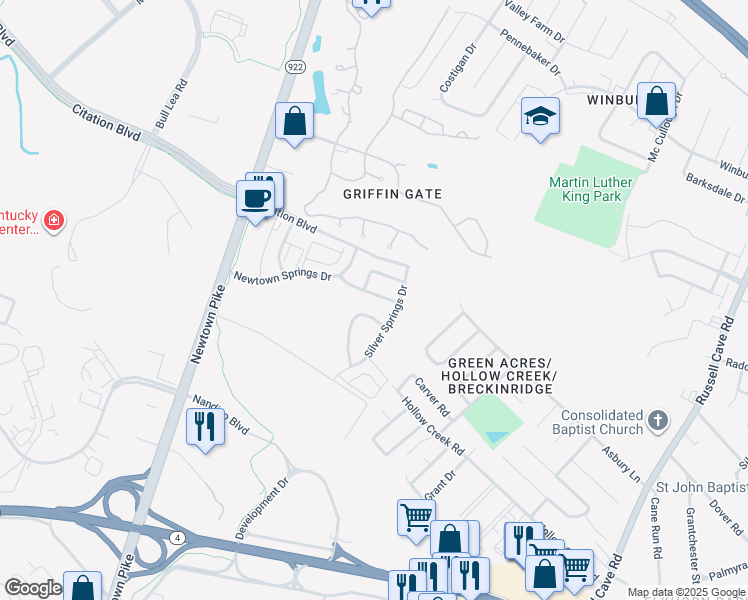map of restaurants, bars, coffee shops, grocery stores, and more near 612 Saunders Springs Way in Lexington