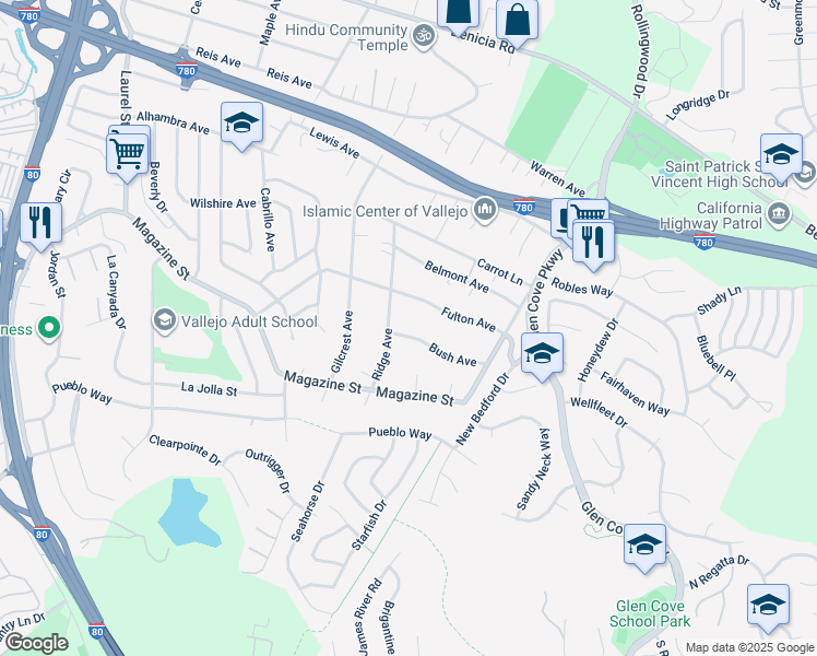 map of restaurants, bars, coffee shops, grocery stores, and more near 1118 Bush Avenue in Vallejo