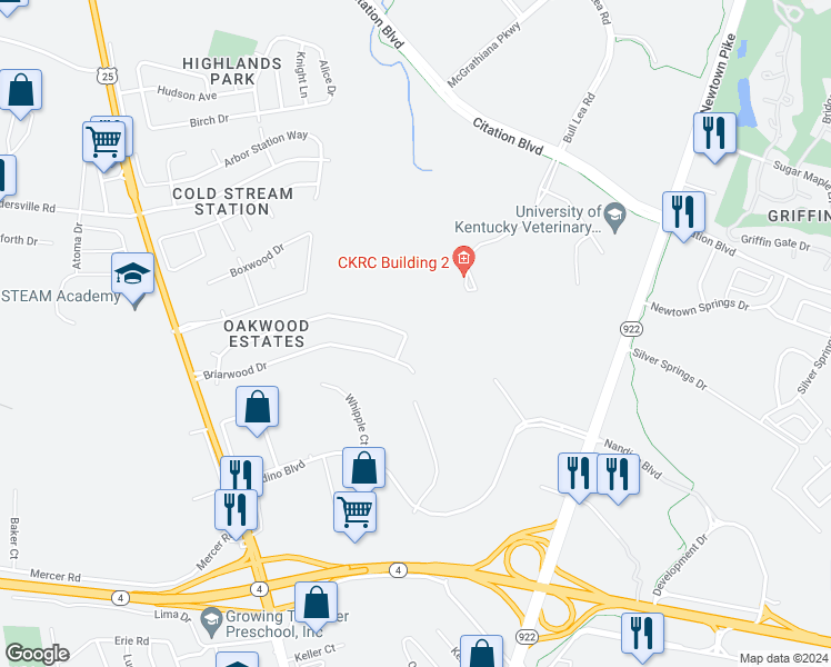 map of restaurants, bars, coffee shops, grocery stores, and more near 1043 Redwood Drive in Lexington