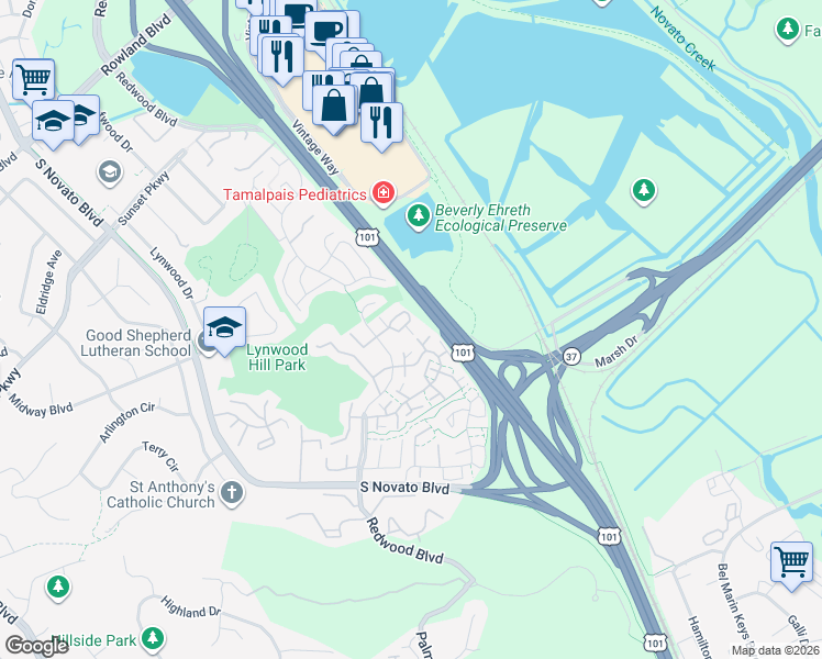 map of restaurants, bars, coffee shops, grocery stores, and more near 214 Village Circle in Novato