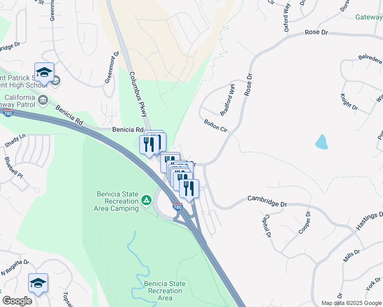 map of restaurants, bars, coffee shops, grocery stores, and more near 1009 Rose Drive in Benicia