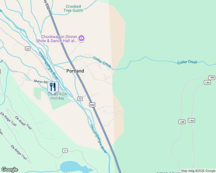 map of restaurants, bars, coffee shops, grocery stores, and more near 17376 Highway 550 in Ridgway